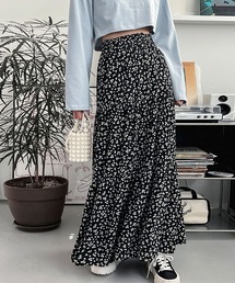 小花柄ティアード切替ボリュームロングスカート