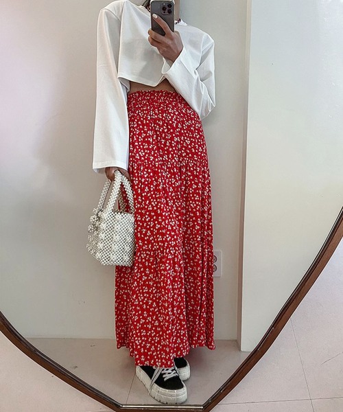 セール】小花柄ティアード切替ボリュームロングスカート（スカート