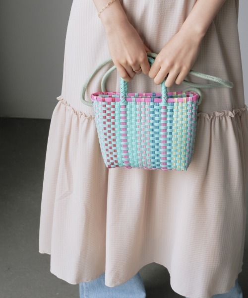 マルチカラー編み込みかごバッグ かごバッグ カゴバッグ 6色展開 カラフルマッチングハンドル