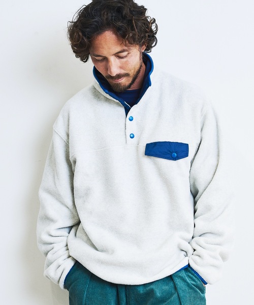 COMMON WARE（コモンウェアー）の「COMMONWARE:OUTDOOR FLEESE SNAP SHIRTS/フリース スタンド スナップシャツ（ミリタリージャケット・メンズ・グリーン/ブラック/オートミール/モカ・L/M）」の14枚目の写真