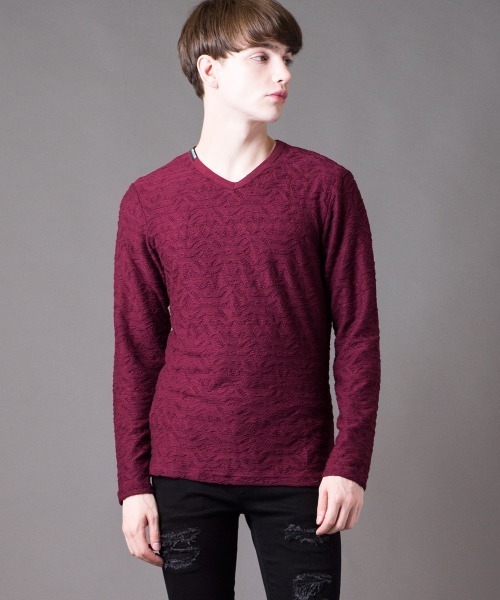 Buffalo Bobs(バッファローボブズ)の「GRAIN(グレイン) ウェーブタック Vネック ロンT(Tシャツ/カットソー・メンズ・ホワイト/ブラック/ワイン・2-3/3-4/1-2)」の3枚目の写真