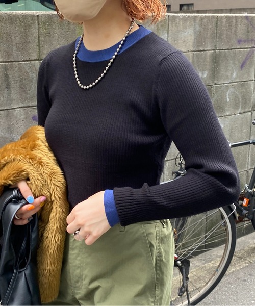 CPCM（シーピーシーエム）の「袖口配色リブインナーニット（ニット/セーター・レディース・ブラック/ベージュ/グリーン/アイボリー/マスタード・フリー）」の12枚目の写真