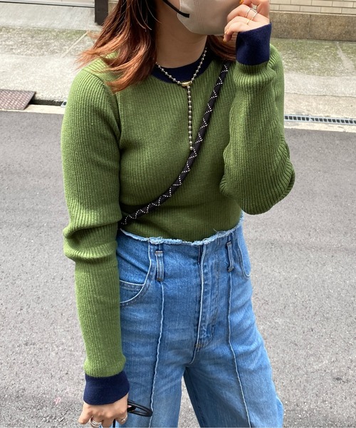 CPCM（シーピーシーエム）の「袖口配色リブインナーニット（ニット/セーター・レディース・ブラック/ベージュ/グリーン/アイボリー/マスタード・フリー）」の14枚目の写真