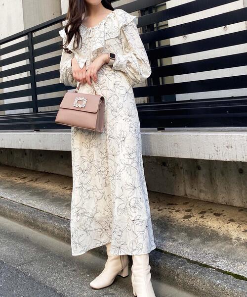 INGNI（イング）の「フリルカラー花柄／ワンピース（ワンピース・レディース・アイボリー/モカ・M）」の3枚目の写真