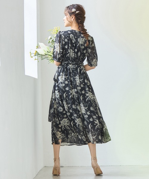 セール】ワンピース 花柄 カシュクール ミモレ丈 5分袖（ワンピース 
