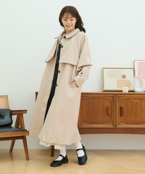 paravion（パラビオン）の「新色登場　フェイクウールパイピングロングコート（ステンカラーコート・レディース・ブラック/ブラウン/ベージュ/アイボリー/グレー・FREE）」の6枚目の写真