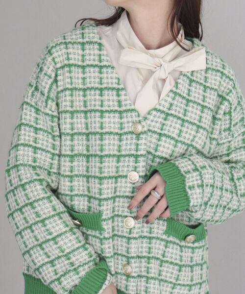 fredy emue(フレディエミュ)の「ツイードニット Vネックカーディガン(カーディガン/ボレロ・レディース・ブラック/レッド/グリーン・38)」の1枚目の写真