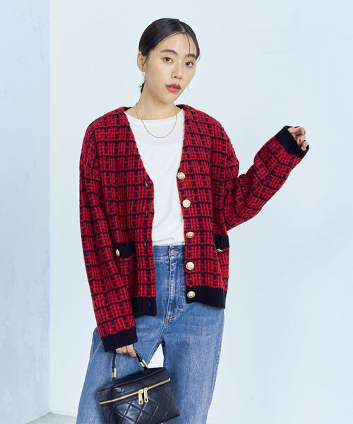 fredy emue(フレディエミュ)の「ツイードニット Vネックカーディガン(カーディガン/ボレロ・レディース・ブラック/レッド/グリーン・38)」の8枚目の写真