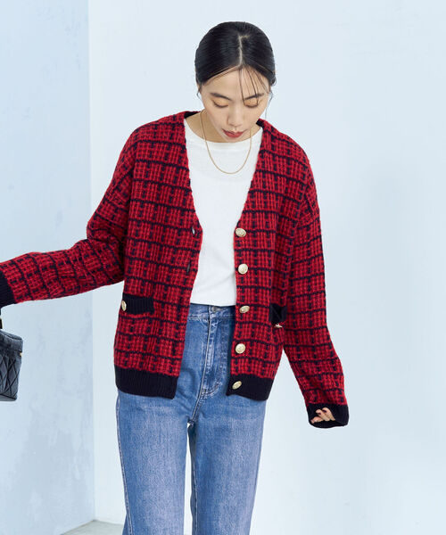 fredy emue(フレディエミュ)の「ツイードニット Vネックカーディガン(カーディガン/ボレロ・レディース・ブラック/レッド/グリーン・38)」の9枚目の写真