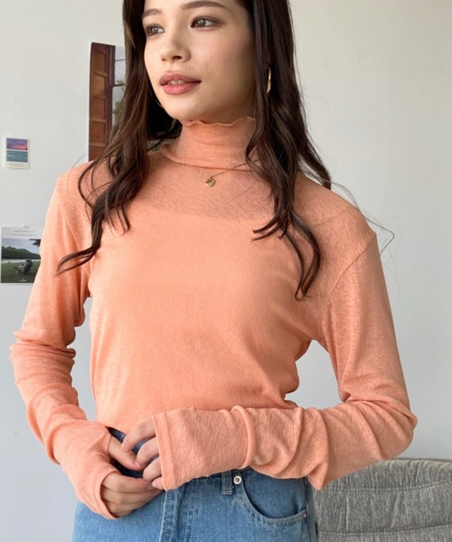 moment+(モーメントプラス)の「シアーネットハイネックメローユビヌキプルオーバー(Tシャツ/カットソー・レディース・オフホワイト/オレンジ/ブラック/ピンク/ライトグリーン・M/S/L)」の5枚目の写真