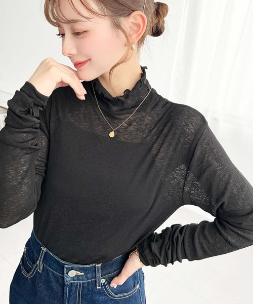 moment+(モーメントプラス)の「シアーネットハイネックメローユビヌキプルオーバー(Tシャツ/カットソー・レディース・オフホワイト/オレンジ/ブラック/ピンク/ライトグリーン・M/S/L)」の10枚目の写真