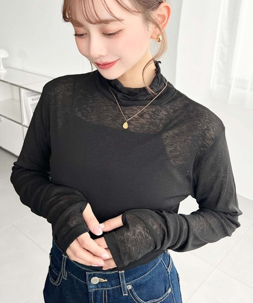 moment+(モーメントプラス)の「シアーネットハイネックメローユビヌキプルオーバー(Tシャツ/カットソー・レディース・オフホワイト/オレンジ/ブラック/ピンク/ライトグリーン・M/S/L)」の9枚目の写真