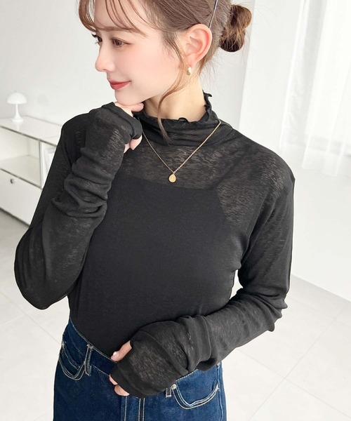 moment+(モーメントプラス)の「シアーネットハイネックメローユビヌキプルオーバー(Tシャツ/カットソー・レディース・オフホワイト/オレンジ/ブラック/ピンク/ライトグリーン・M/S/L)」の8枚目の写真