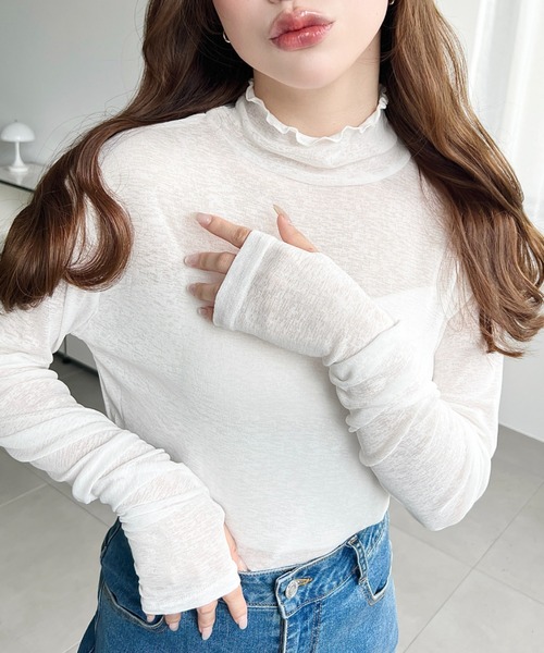 moment+(モーメントプラス)の「シアーネットハイネックメローユビヌキプルオーバー(Tシャツ/カットソー・レディース・オフホワイト/オレンジ/ブラック/ピンク/ライトグリーン・M/S/L)」の19枚目の写真