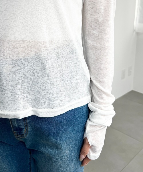 moment+(モーメントプラス)の「シアーネットハイネックメローユビヌキプルオーバー(Tシャツ/カットソー・レディース・オフホワイト/オレンジ/ブラック/ピンク/ライトグリーン・M/S/L)」の14枚目の写真
