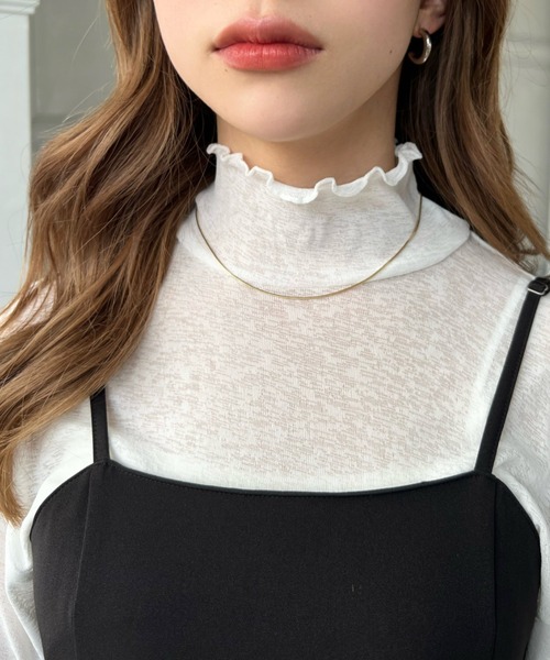 moment+(モーメントプラス)の「シアーネットハイネックメローユビヌキプルオーバー(Tシャツ/カットソー・レディース・オフホワイト/オレンジ/ブラック/ピンク/ライトグリーン・M/S/L)」の10枚目の写真