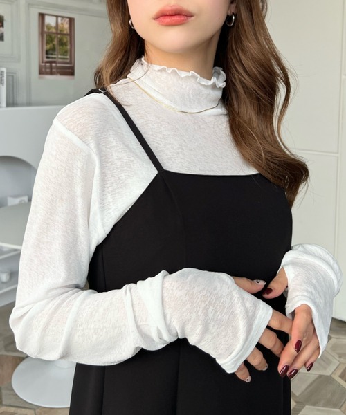 moment+(モーメントプラス)の「シアーネットハイネックメローユビヌキプルオーバー(Tシャツ/カットソー・レディース・オフホワイト/オレンジ/ブラック/ピンク/ライトグリーン・M/S/L)」の6枚目の写真