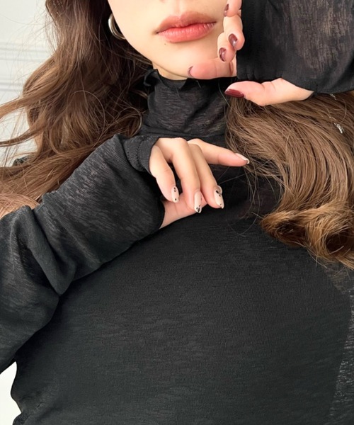 moment+(モーメントプラス)の「シアーネットハイネックメローユビヌキプルオーバー(Tシャツ/カットソー・レディース・オフホワイト/オレンジ/ブラック/ピンク/ライトグリーン・M/S/L)」の15枚目の写真