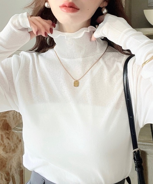 moment+(モーメントプラス)の「シアーネットハイネックメローユビヌキプルオーバー(Tシャツ/カットソー・レディース・オフホワイト/オレンジ/ブラック/ピンク/ライトグリーン・M/S/L)」の17枚目の写真