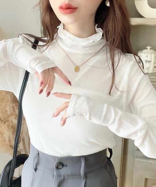 moment+(モーメントプラス)の「シアーネットハイネックメローユビヌキプルオーバー(Tシャツ/カットソー・レディース・オフホワイト/オレンジ/ブラック/ピンク/ライトグリーン・M/S/L)」の18枚目の写真