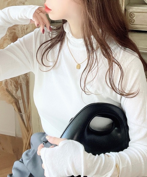 moment+(モーメントプラス)の「シアーネットハイネックメローユビヌキプルオーバー(Tシャツ/カットソー・レディース・オフホワイト/オレンジ/ブラック/ピンク/ライトグリーン・M/S/L)」の20枚目の写真