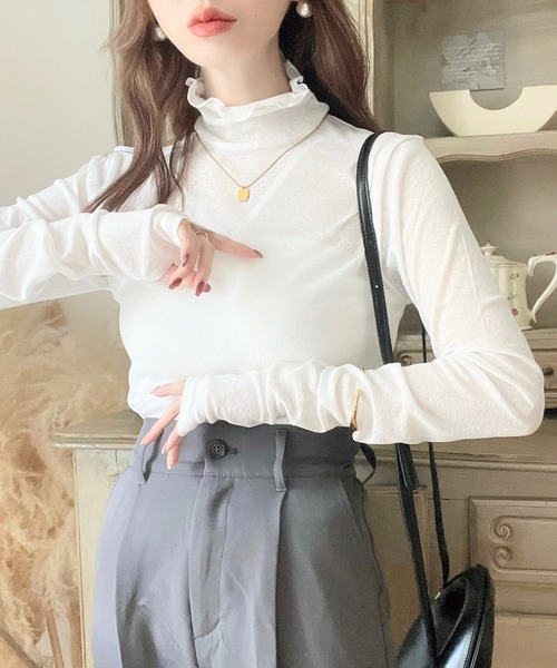 moment+(モーメントプラス)の「シアーネットハイネックメローユビヌキプルオーバー(Tシャツ/カットソー・レディース・オフホワイト/オレンジ/ブラック/ピンク/ライトグリーン・M/S/L)」の22枚目の写真