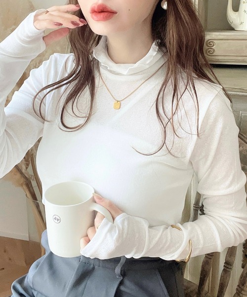 moment+(モーメントプラス)の「シアーネットハイネックメローユビヌキプルオーバー(Tシャツ/カットソー・レディース・オフホワイト/オレンジ/ブラック/ピンク/ライトグリーン・M/S/L)」の19枚目の写真