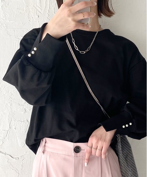 ad thie（アドティエ）の「パール付きスリット 裏毛ボリュームスリプルオーバー（Tシャツ/カットソー・レディース・オートミール/ブラック/ベージュ/ピンク/チャコール/アイボリー・FREE）」の17枚目の写真