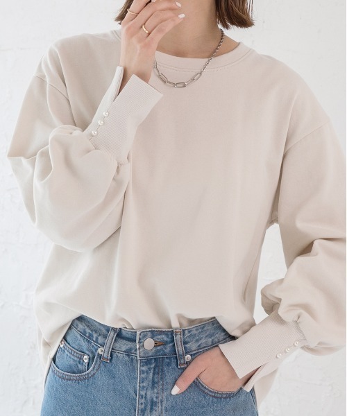 ad thie（アドティエ）の「パール付きスリット 裏毛ボリュームスリプルオーバー（Tシャツ/カットソー・レディース・オートミール/ブラック/ベージュ/ピンク/チャコール/アイボリー・FREE）」の15枚目の写真