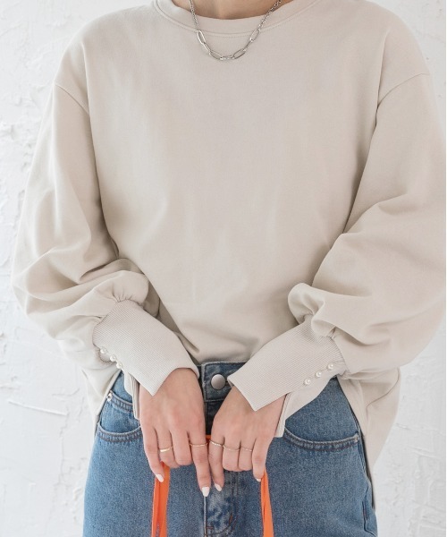 ad thie（アドティエ）の「パール付きスリット 裏毛ボリュームスリプルオーバー（Tシャツ/カットソー・レディース・オートミール/ブラック/ベージュ/ピンク/チャコール/アイボリー・FREE）」の9枚目の写真