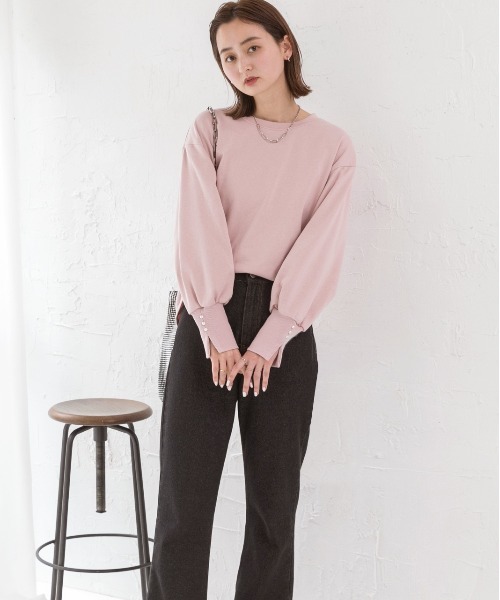 ad thie（アドティエ）の「パール付きスリット 裏毛ボリュームスリプルオーバー（Tシャツ/カットソー・レディース・オートミール/ブラック/ベージュ/ピンク/チャコール/アイボリー・FREE）」の13枚目の写真