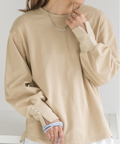 ad thie（アドティエ）の「パール付きスリット 裏毛ボリュームスリプルオーバー（Tシャツ/カットソー・レディース・オートミール/ブラック/ベージュ/ピンク/チャコール/アイボリー・FREE）」の16枚目の写真