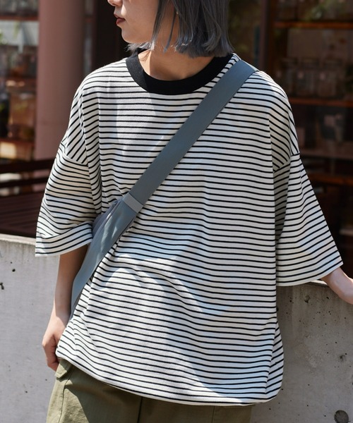 CIAOPANIC TYPY（チャオパニックティピー）の「ミニ裏毛ボーダー裾ドローコードビッグTee（Tシャツ/カットソー・メンズ・チャコールグレー/オフホワイト/ブルー・MEDIUM/LARGE）」の12枚目の写真