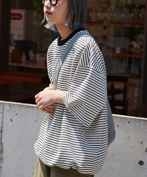 CIAOPANIC TYPY（チャオパニックティピー）の「ミニ裏毛ボーダー裾ドローコードビッグTee（Tシャツ/カットソー・メンズ・チャコールグレー/オフホワイト/ブルー・MEDIUM/LARGE）」の4枚目の写真