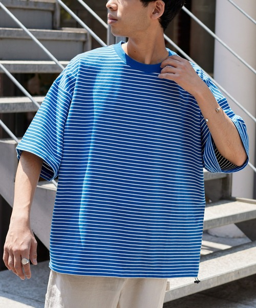 CIAOPANIC TYPY（チャオパニックティピー）の「ミニ裏毛ボーダー裾ドローコードビッグTee（Tシャツ/カットソー・メンズ・チャコールグレー/オフホワイト/ブルー・MEDIUM/LARGE）」の6枚目の写真