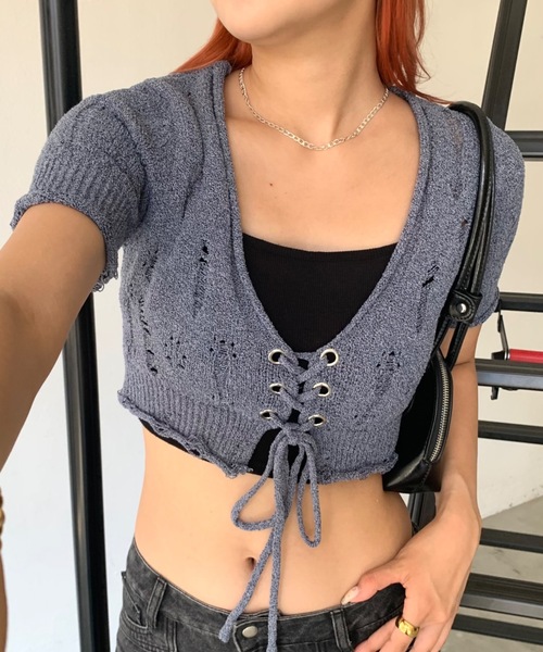 SHAGGIE（シャギー）の「3WAYダメージ加工レースアップニット（ニット/セーター・レディース・ブラック/ナチュラル/ネイビー・FREE）」の18枚目の写真