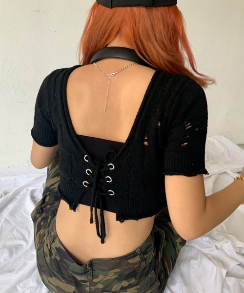 SHAGGIE（シャギー）の「3WAYダメージ加工レースアップニット（ニット/セーター・レディース・ブラック/ナチュラル/ネイビー・FREE）」の12枚目の写真