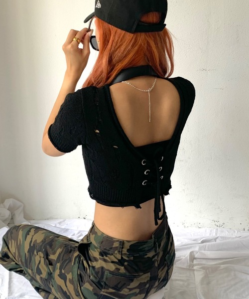 SHAGGIE（シャギー）の「3WAYダメージ加工レースアップニット（ニット/セーター・レディース・ブラック/ナチュラル/ネイビー・FREE）」の10枚目の写真