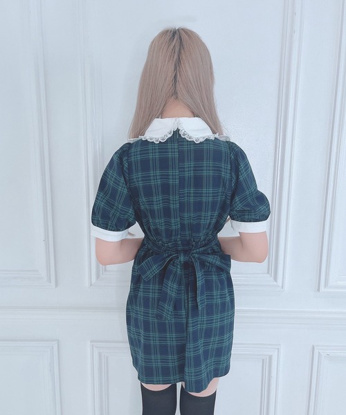 フリルワンピース チェック 水色ワンピース Emily Temple ブルー
