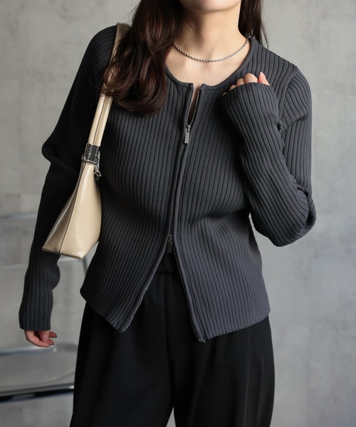 ap retro（アプレトロ）の「Wジップリブニットカーディガン（ニット/セーター・レディース・ブルー/チャコールグレー/ブラック/イエロー/グレイッシュベージュ/イエロー系その他/アイボリー/ブルー系その他・FREE）」の3枚目の写真