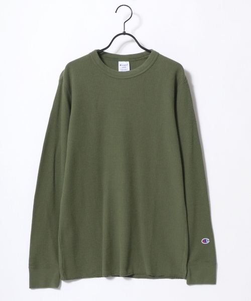 Champion（チャンピオン）の「Champion/チャンピオン コットンUSA ワッフル 無地 ロゴ ワンポイント刺繍 ロングスリーブTシャツ（Tシャツ/カットソー・メンズ・オリーブ/ブラック/グレー/ネイビー/ホワイト・L/M/XL）」の9枚目の写真