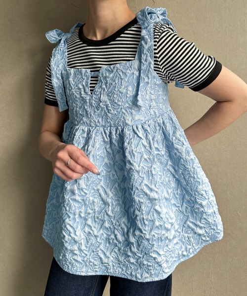 JUNOAH(ジュノア)の「肩リボンジャガードキャミソールビスチェ(キャミソール・レディース・アイボリー/ブラック/ライトグリーン/グレー/ブラウン/ピンク/ブルー/ベージュ・X-LARGE/LARGE/MEDIUM/SMALL)」の7枚目の写真