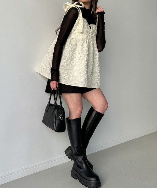 JUNOAH(ジュノア)の「肩リボンジャガードキャミソールビスチェ(キャミソール・レディース・アイボリー/ブラック/ライトグリーン/グレー/ブラウン/ピンク/ブルー/ベージュ・X-LARGE/LARGE/MEDIUM/SMALL)」の12枚目の写真