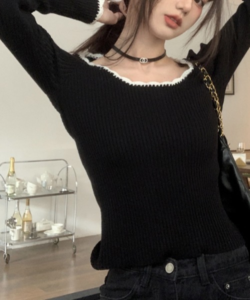 Vipoa(ヴィポア)の「collar race tops(ニット/セーター・レディース・ブラック/グレー・FREE)」の6枚目の写真