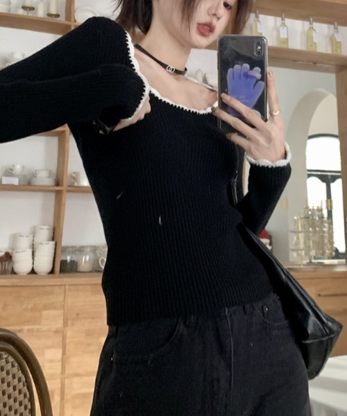 Vipoa(ヴィポア)の「collar race tops(ニット/セーター・レディース・ブラック/グレー・FREE)」の7枚目の写真
