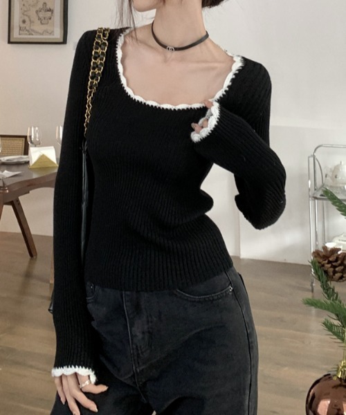 Vipoa(ヴィポア)の「collar race tops(ニット/セーター・レディース・ブラック/グレー・FREE)」の10枚目の写真