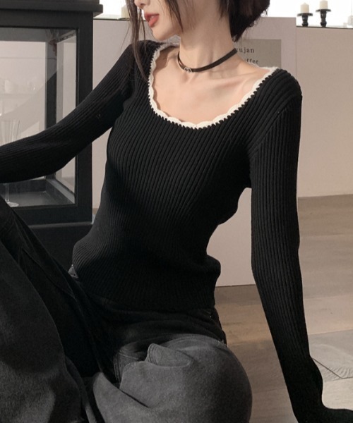 Vipoa(ヴィポア)の「collar race tops(ニット/セーター・レディース・ブラック/グレー・FREE)」の5枚目の写真