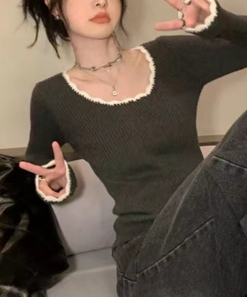 Vipoa(ヴィポア)の「collar race tops(ニット/セーター・レディース・ブラック/グレー・FREE)」の12枚目の写真