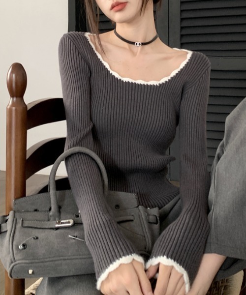 Vipoa(ヴィポア)の「collar race tops(ニット/セーター・レディース・ブラック/グレー・FREE)」の14枚目の写真