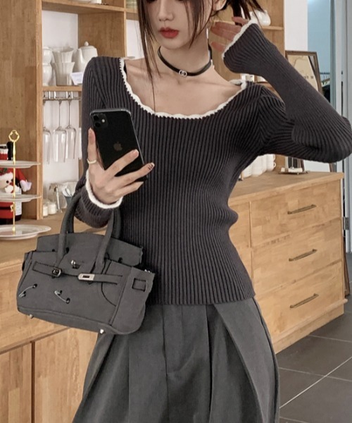 Vipoa(ヴィポア)の「collar race tops(ニット/セーター・レディース・ブラック/グレー・FREE)」の15枚目の写真